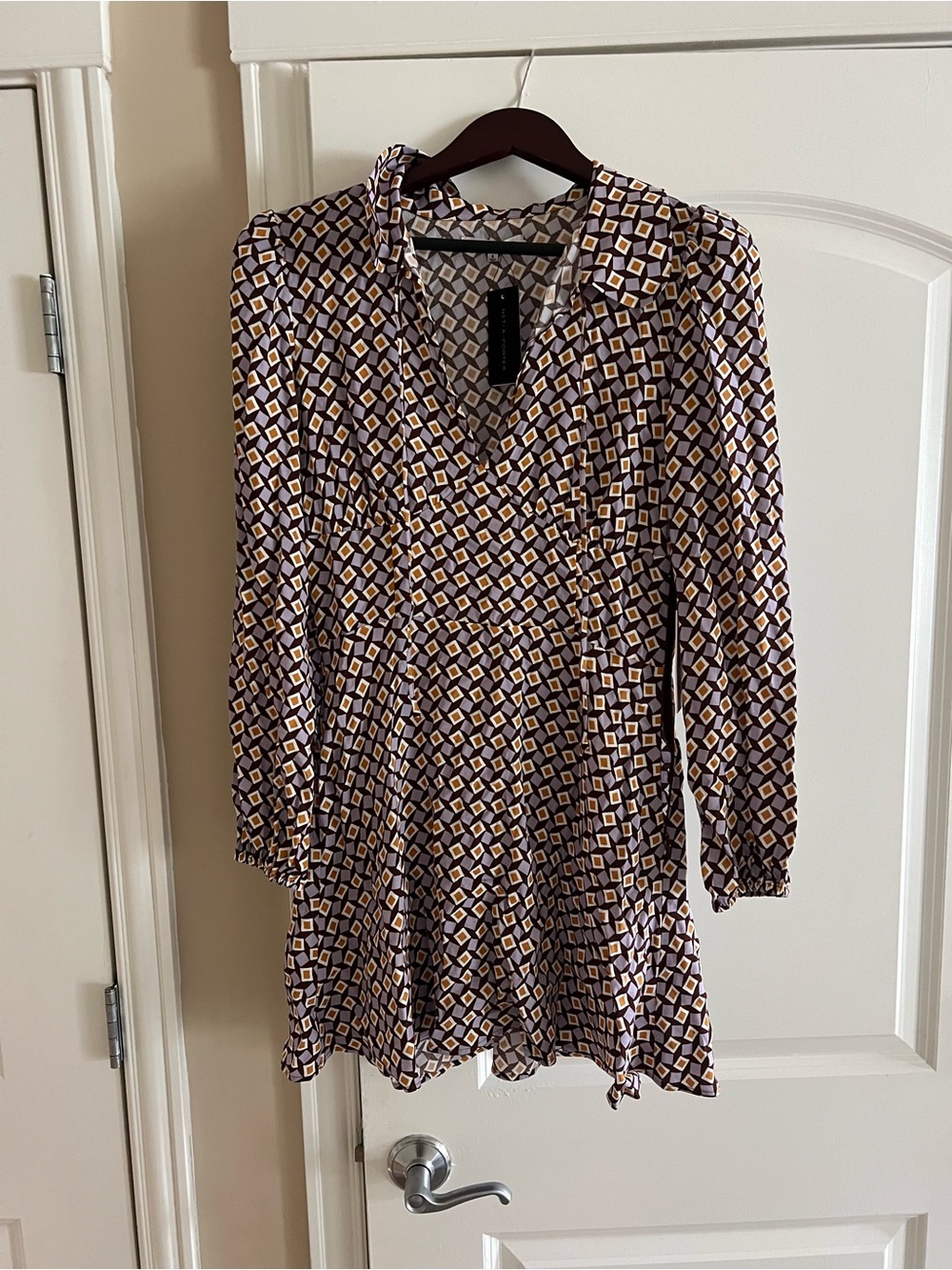 Reformation Brown and Cream Geometric Long-Sleeve Mini Dress